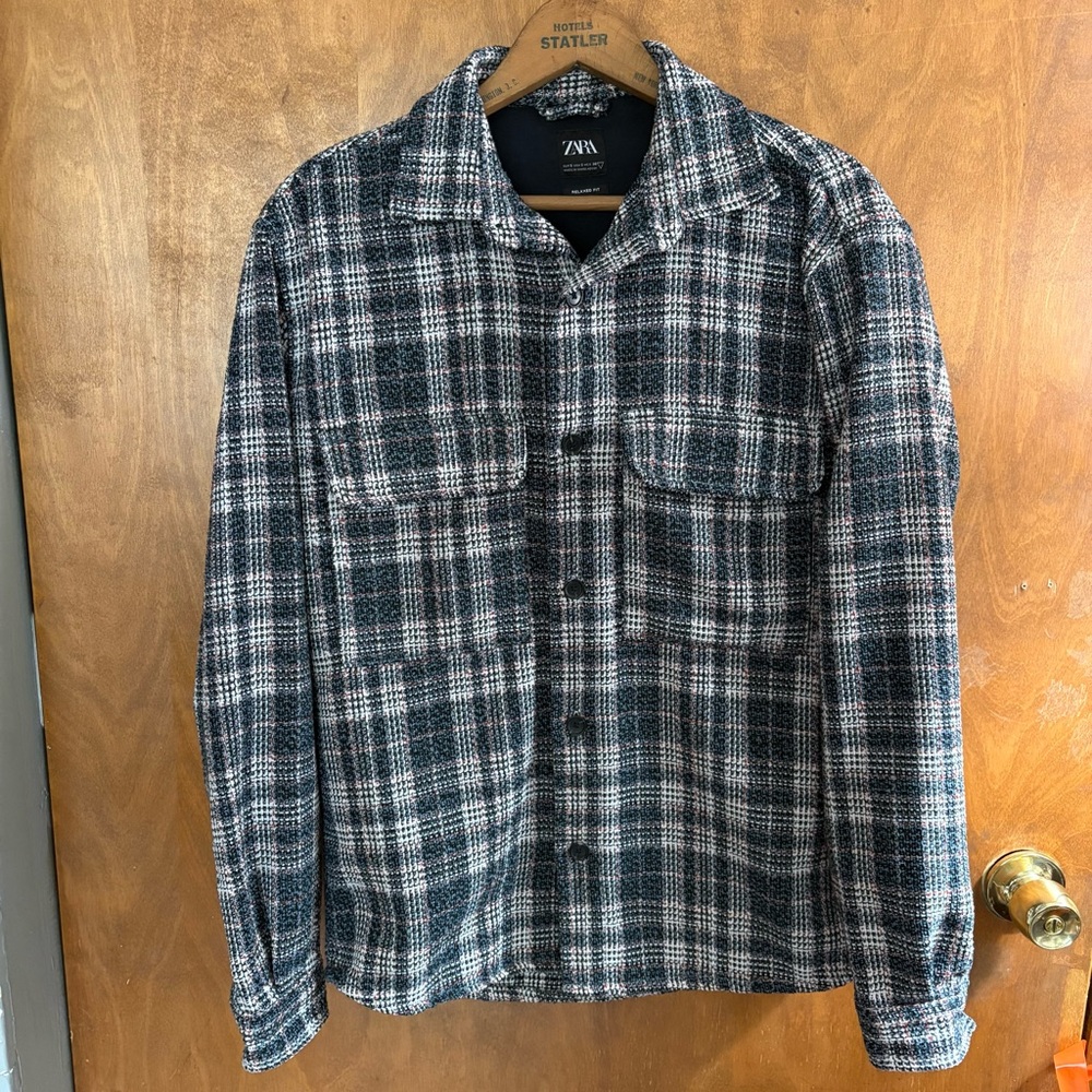 Zara Men’s Blue Tweed Button Down Shirt Jacket Shacket Boxy Relaxed Fit Small